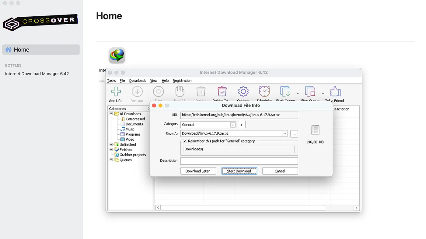 محیط Internet Download Manager - IDM - CrossOver در مک + دانلود Internet Download Manager - IDM - CrossOver با اپ استور مک ای زی
