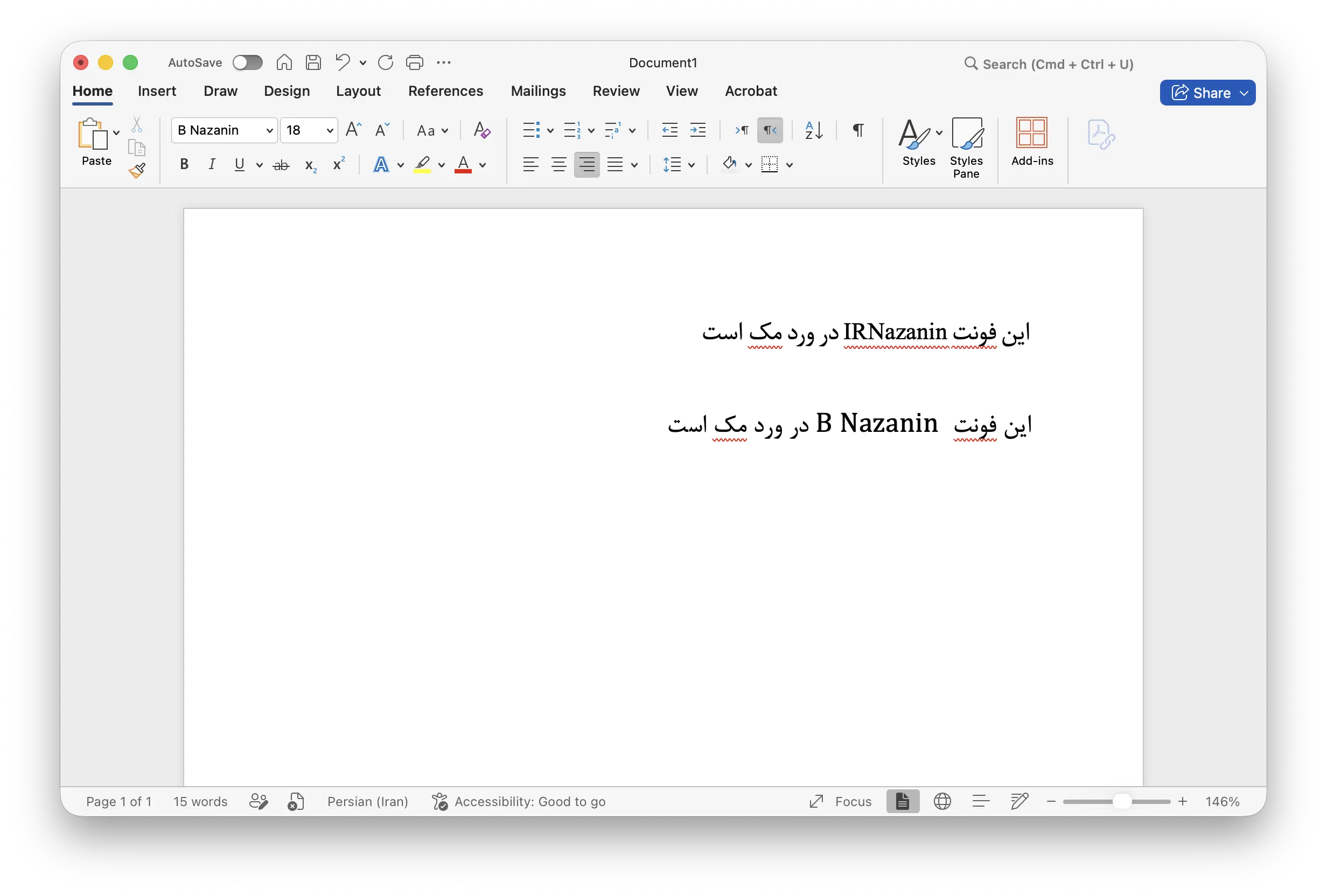 مقایسه فونت IRNazanin و B Nazanin در ورد مک