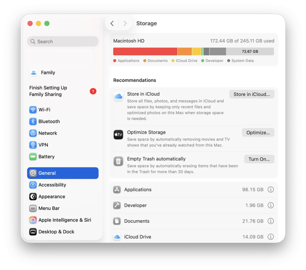 بررسی وضعیت دیسک مک‌بوک و فعال کردم گزینه‌های بهینه‌سازی دیسک