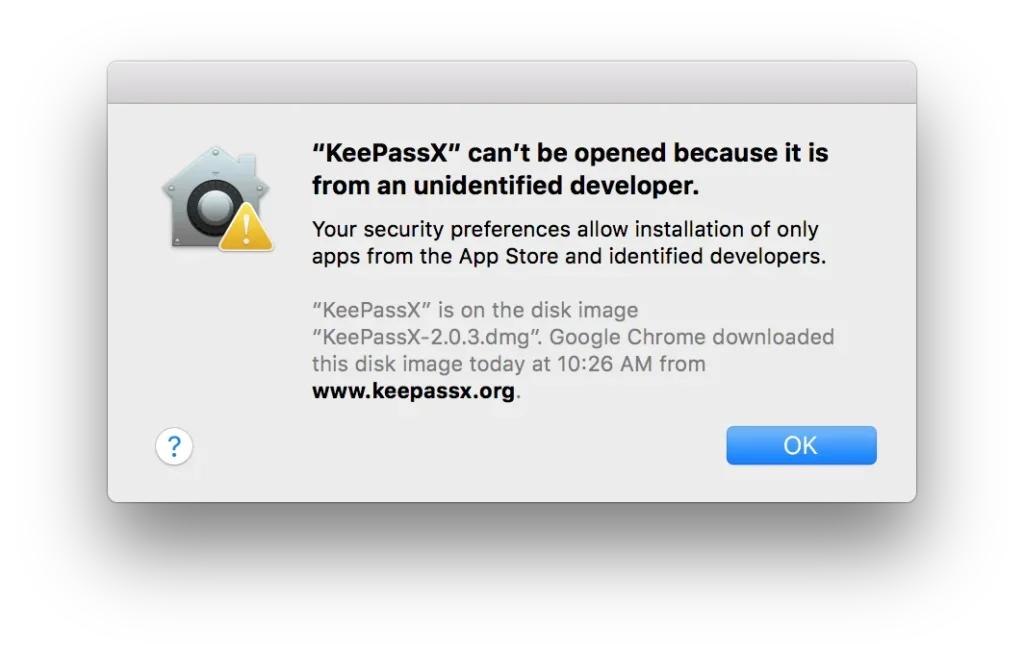 خطای
The App can't be opened because it is from and unidentified developer
