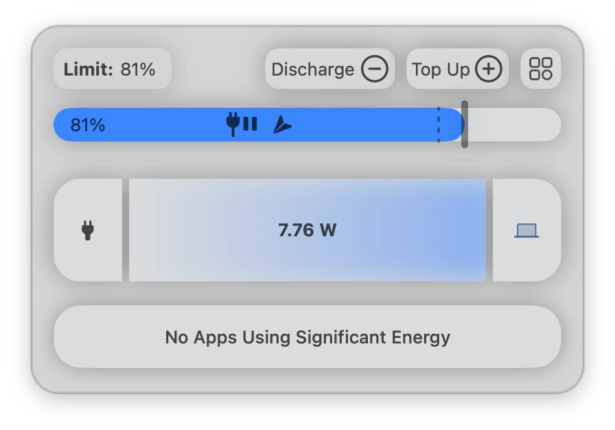 اسکرین‌شات اپلیکشن Aldenete در نوار بالای مک برای بهبود عمر باتری