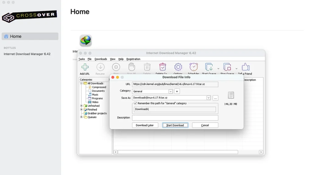 اسکرینشات IDM روی CrossOver مک