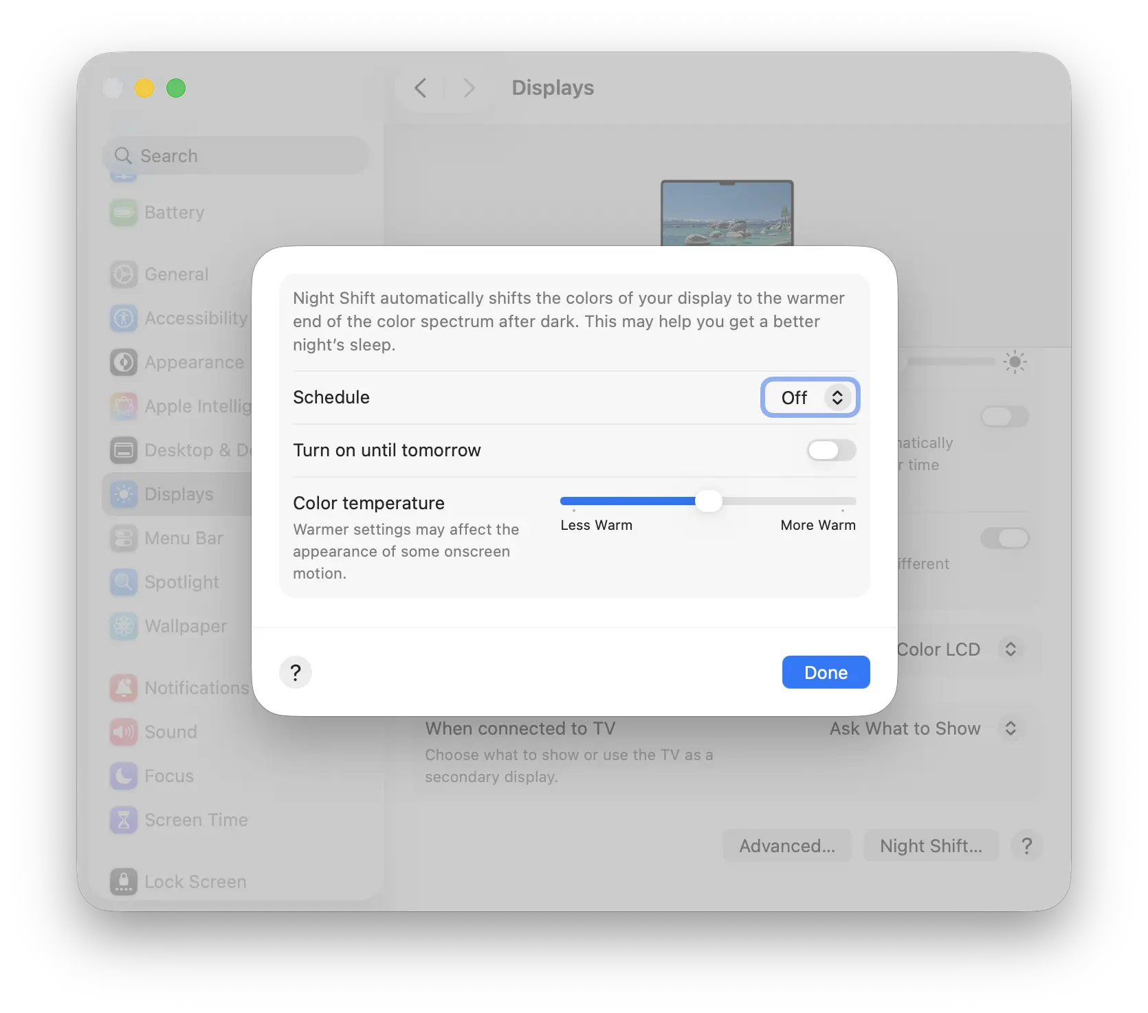 تنظیمات Night Shift در macos