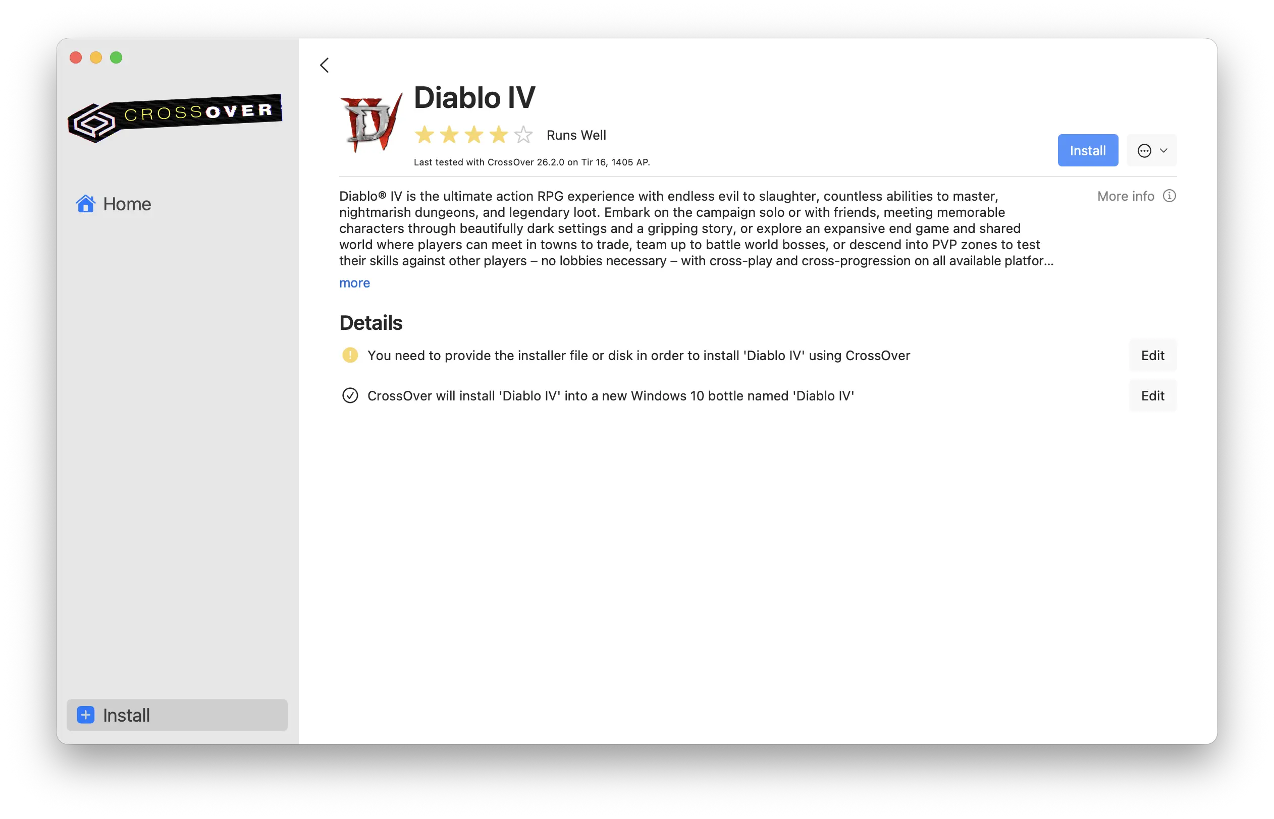 صفحه بازی Diablo IV در CrossOver برای مک
