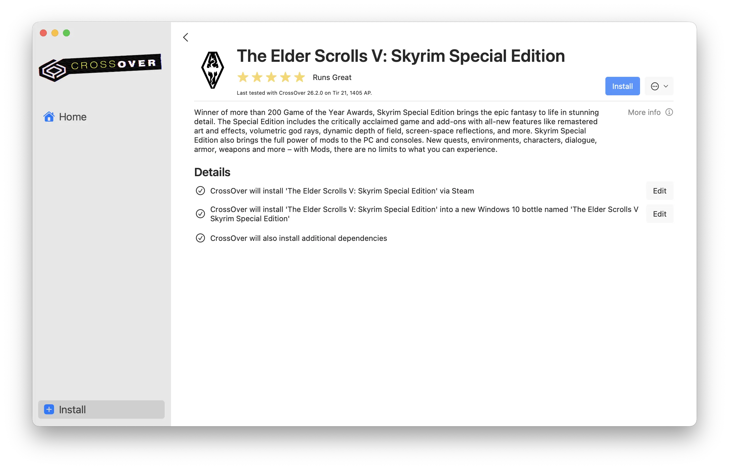 صفحه بازی The Elder Scrolls V: Skyrim Special Edition در CrossOver برای مک