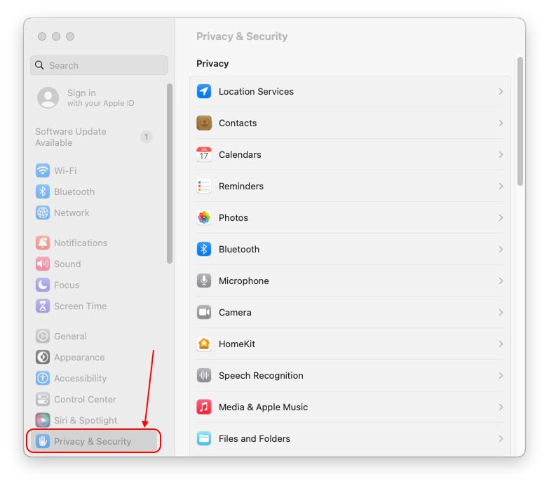 منوی تنظیمات حریم خصوصی و امنیت در تنظیمات سیستم مک بوک