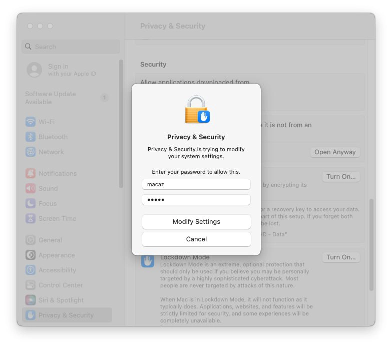 وارد کردن رمز عبور مک برای تایید تغییرات امنیتی سیستم
