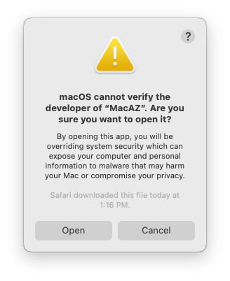 تایید نهایی باز کردن اپلیکیشن مک ای زی در سیستم عامل مک