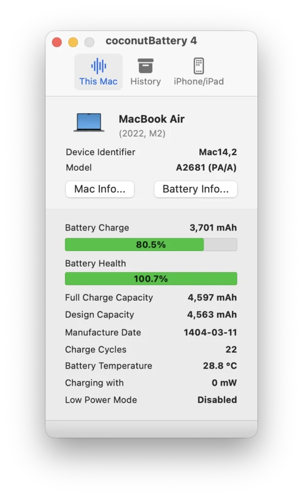 نمایش اطلاعات و سایکل و عمر باتری مک‌بوک با استفاده از اپلیکیشن Coconut battery