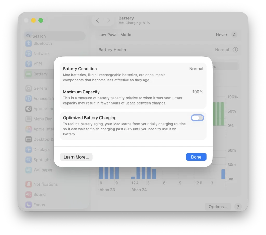 فعال‌سازی Optimized Battery Charging بر روی مک